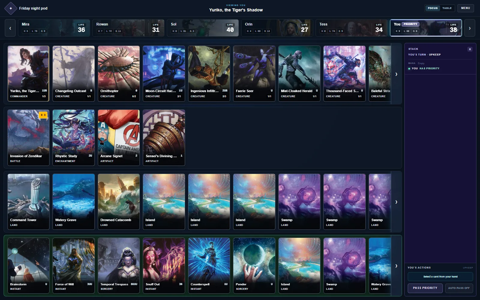 Spellrelay Focus View showing one player's full battlefield, hand, stack, and player rail